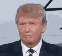 donald trump is wearing a suit and tie and looking at the camera .
