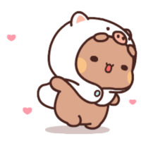 a cartoon bear wearing a pig costume and a scarf