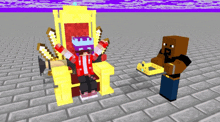 a cartoon character is sitting on a throne while another character holds a crown in front of him