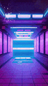 a purple and blue tunnel with a fireworks display at the end of it .