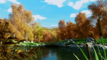 a painting of a river surrounded by trees