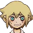 a cartoon character with blonde hair and blue eyes is making a surprised face .