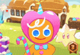 a cartoon character wearing a pink heart shaped hat and a bow tie
