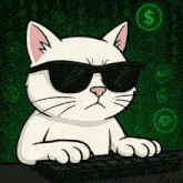 a white cat wearing sunglasses is typing on a computer keyboard .