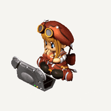 a cartoon character wearing a red hat and goggles is sitting next to a silver device