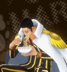 a man in a white cape is eating noodles from a bowl with chopsticks