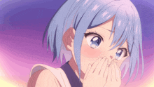 a girl with blue hair is covering her mouth with her hand