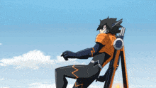 a cartoon character in a black and orange outfit is holding a gun