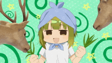 a girl with a bandana on her head is surrounded by two deer