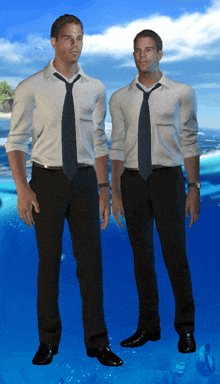 two men in suits and ties are standing next to each other on a beach