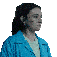a woman wearing a blue jacket and a white t-shirt with the letter a on the front