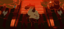 a cartoon character is dancing in a dark room with a red light behind him .
