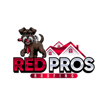 a logo for red pros roofing shows a dog with a hammer in its mouth