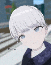 a drawing of a girl with white hair and blue eyes with the name rai o on the bottom
