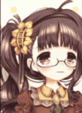 a girl with glasses and a flower in her hair .