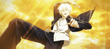 a man in a suit is pointing at the sky