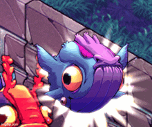 a cartoon drawing of a blue and purple creature with a purple tongue