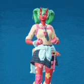 a girl with green hair and horns stands in front of a blue background