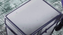 a white box with a purple border is sitting on a stone floor