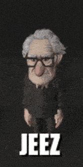 a cartoon character with glasses is standing in front of a black background with the words `` jeez '' written on it .