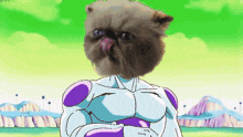 a cartoon drawing of a cat in a purple and white outfit