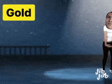 a man is standing in front of a yellow sign that says gold