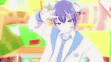 a girl with purple hair is wearing a white shirt and tie and making a peace sign .