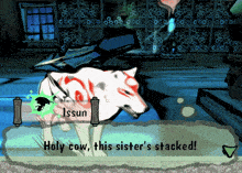 a video game says holy cow this sister 's stacked in front of a wolf