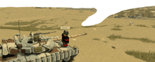 a computer generated image of a tank in the desert with a man standing on the top of it