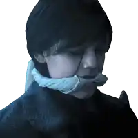 a woman with a bandage around her mouth looks down