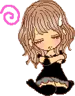 a pixel art drawing of a girl with a pink swirl behind her