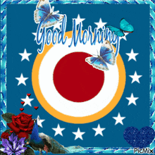 a picture that says good morning with butterflies and flowers