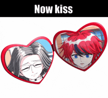 a heart shaped mirror with two anime characters on it and the words now kiss above it