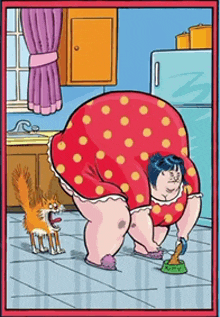 a cartoon of a woman and a cat looking at a bowl of food