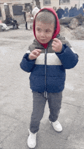 a young boy wearing a blue jacket and a red hood is standing on a sidewalk