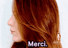 a woman 's hair is shown with the words merci in the corner