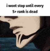 a picture of a man 's face with the words " i wont stop until every s + rank is dead "