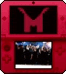 a red nintendo 3ds with a picture of a crowd on it .