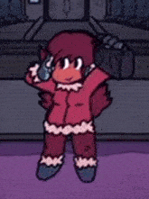 a cartoon character is standing on a purple floor holding a microphone and wearing a red jacket .