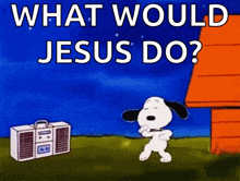 a cartoon of snoopy dancing in front of a boombox with the words what would jesus do .