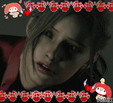 a picture of a woman surrounded by red hearts and a picmix logo