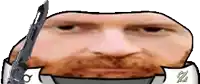 a close up of a man 's face with a sword in his mouth .