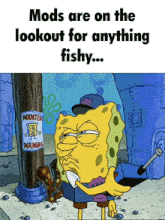 a cartoon of spongebob looking at a wanted sign