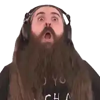 a man with a long beard wearing headphones and a black shirt that says chn