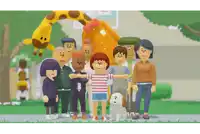 a group of cartoon characters are posing for a picture with a giraffe in the background