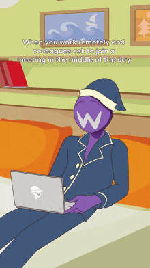 a cartoon of a person sitting on a couch with a laptop and the caption when you work remotely