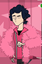 a cartoon character in a pink fur coat