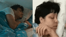 a man sleeping in a bed next to a woman sleeping in a bed