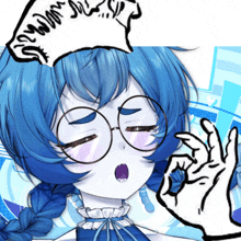 a drawing of a girl with blue hair and glasses giving a thumbs up sign