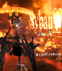 a picture of a robot with the word sybau written in white letters